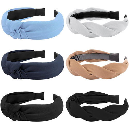 Diadema Nudo Tihebax para Mujer, Diademas Trenzadas, Pack de 6, Antideslizantes, Moda Elegante en Colores Azul, Marrón y Negro